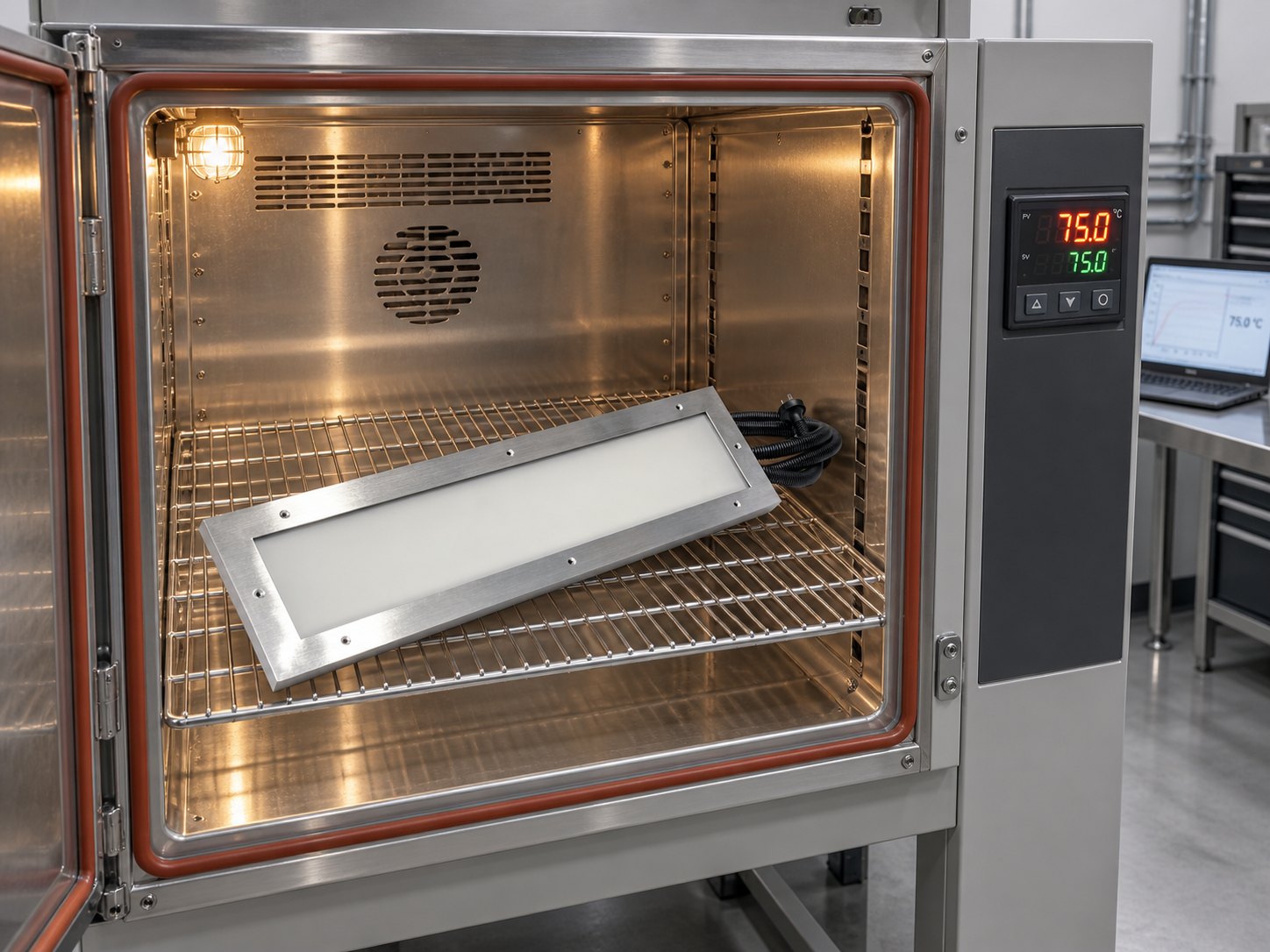 ZINREY commercial kitchen canopy LED light in a controlled high-temperature test chamber