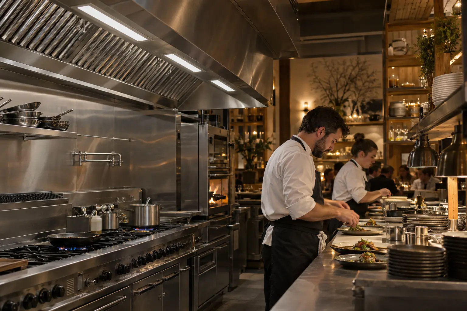 Recessed canopy lighting above a restaurant cooking line