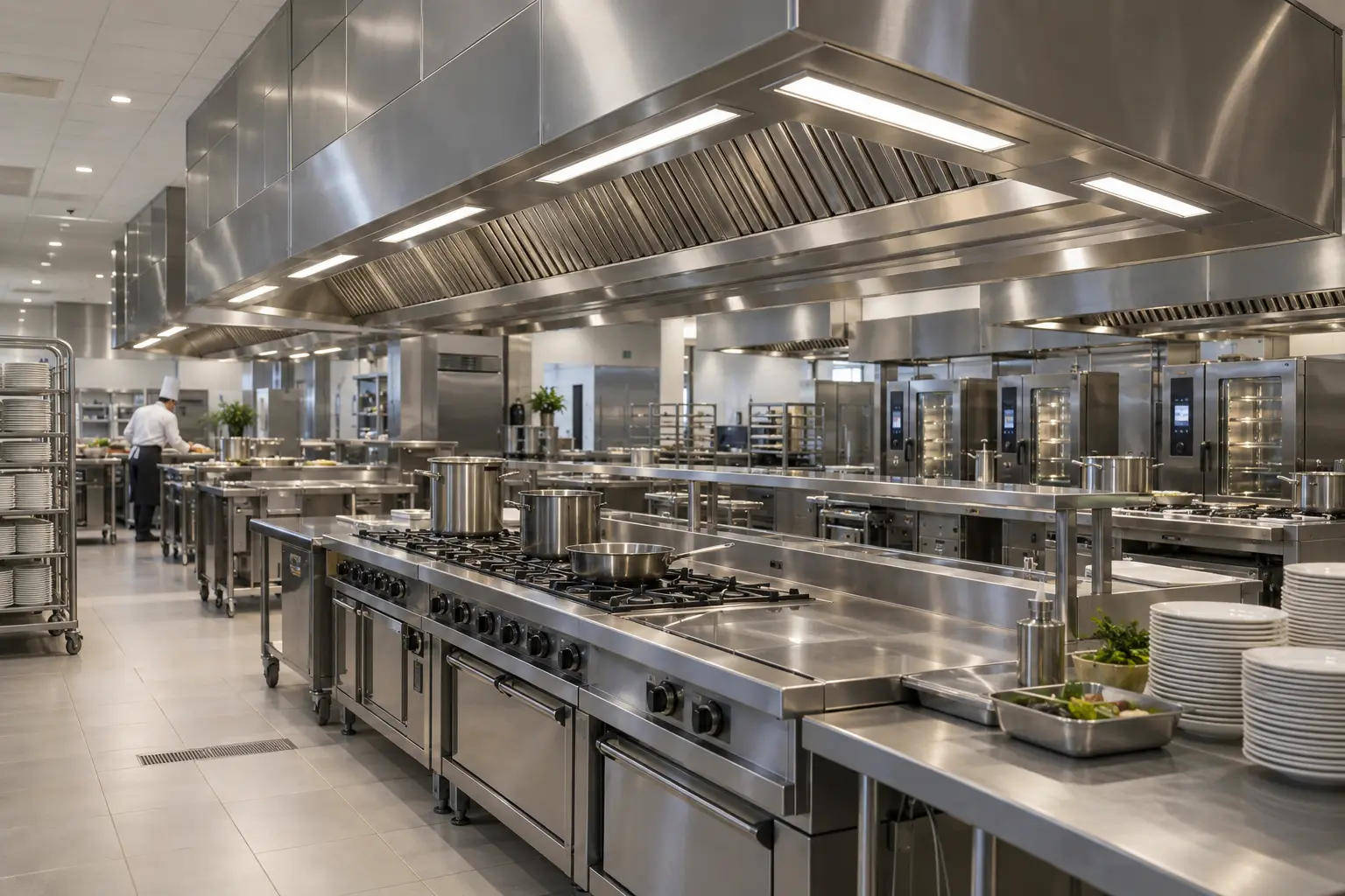 Illuminated extraction canopies in a hotel kitchen