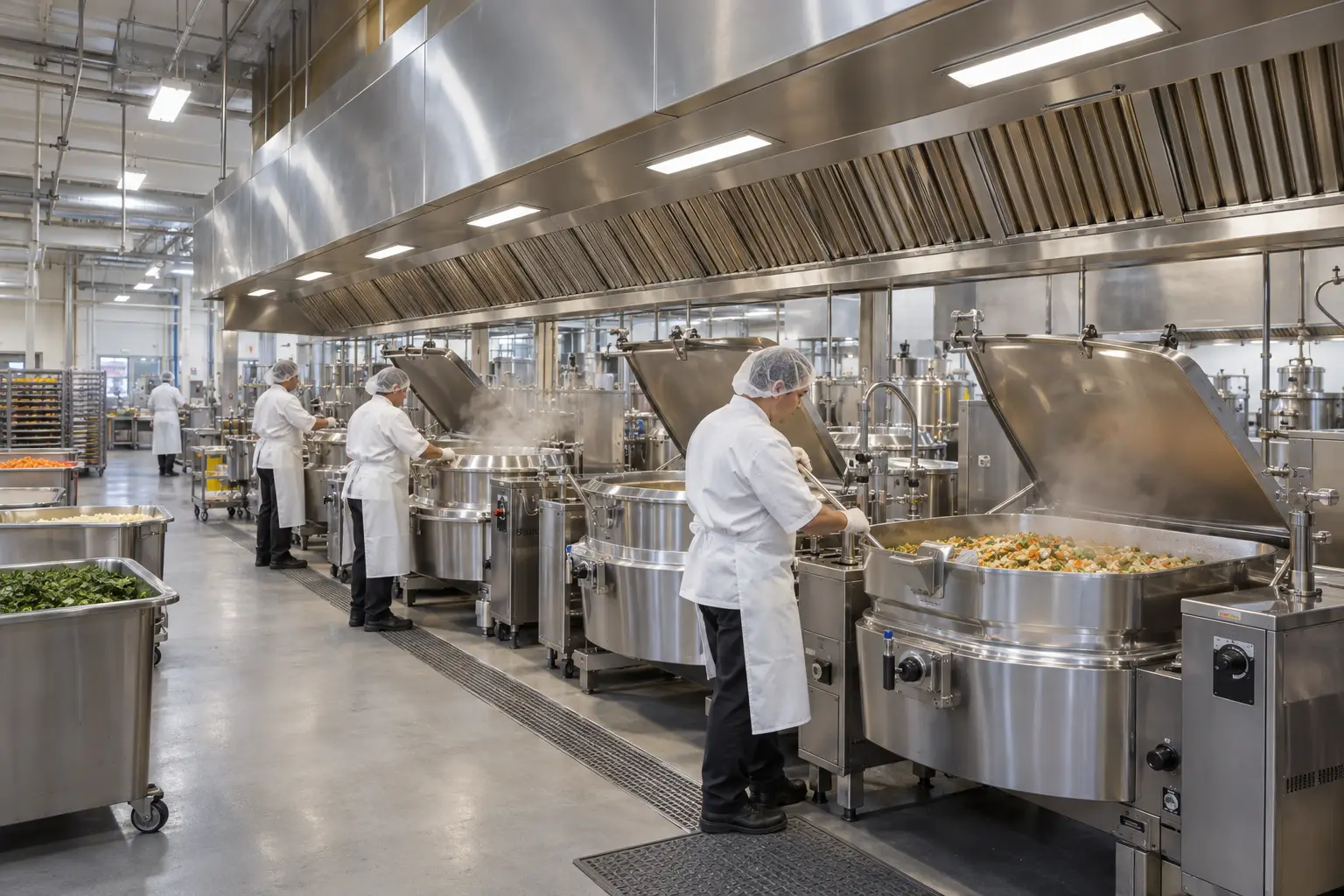 Canopy lights above large cooking kettles in a central kitchen
