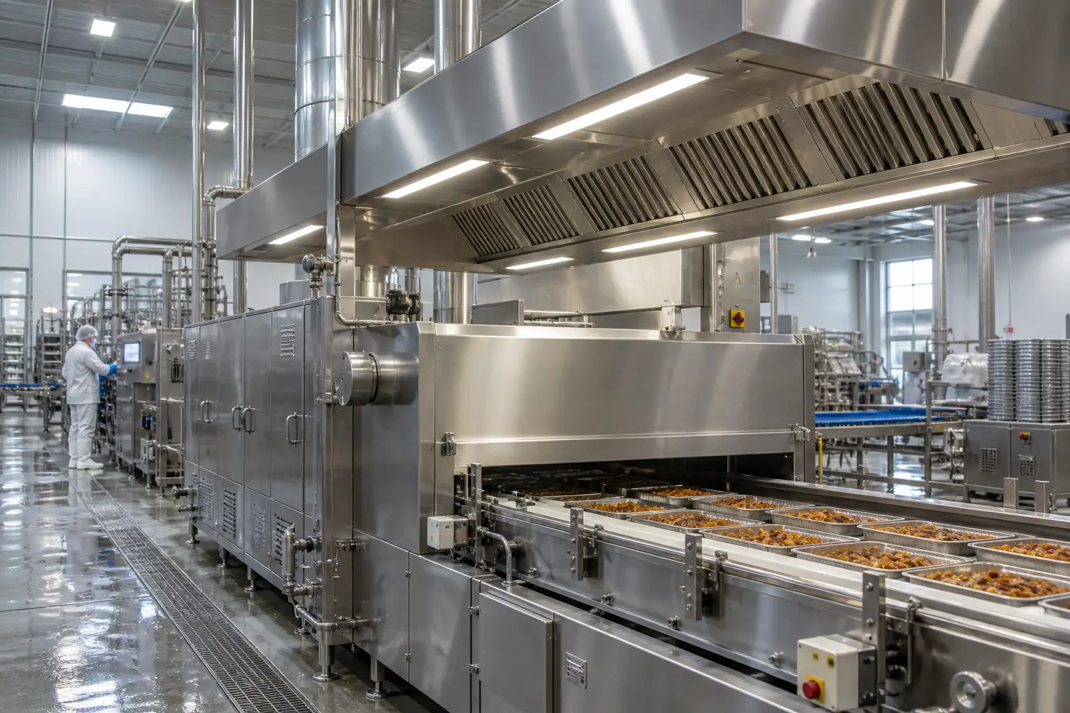 Integrated canopy lighting over a food processing cooking line