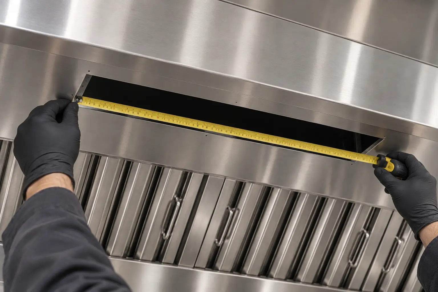 Measuring the installation cut-out in a stainless steel kitchen canopy