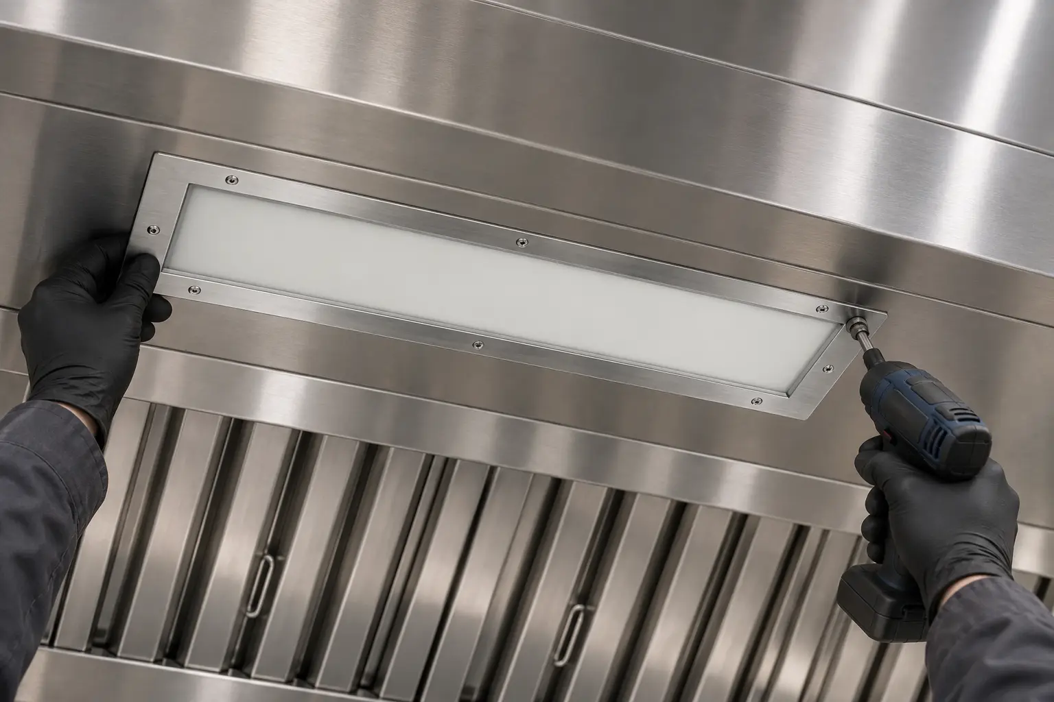 Securing the recessed LED fixture flush against the kitchen canopy
