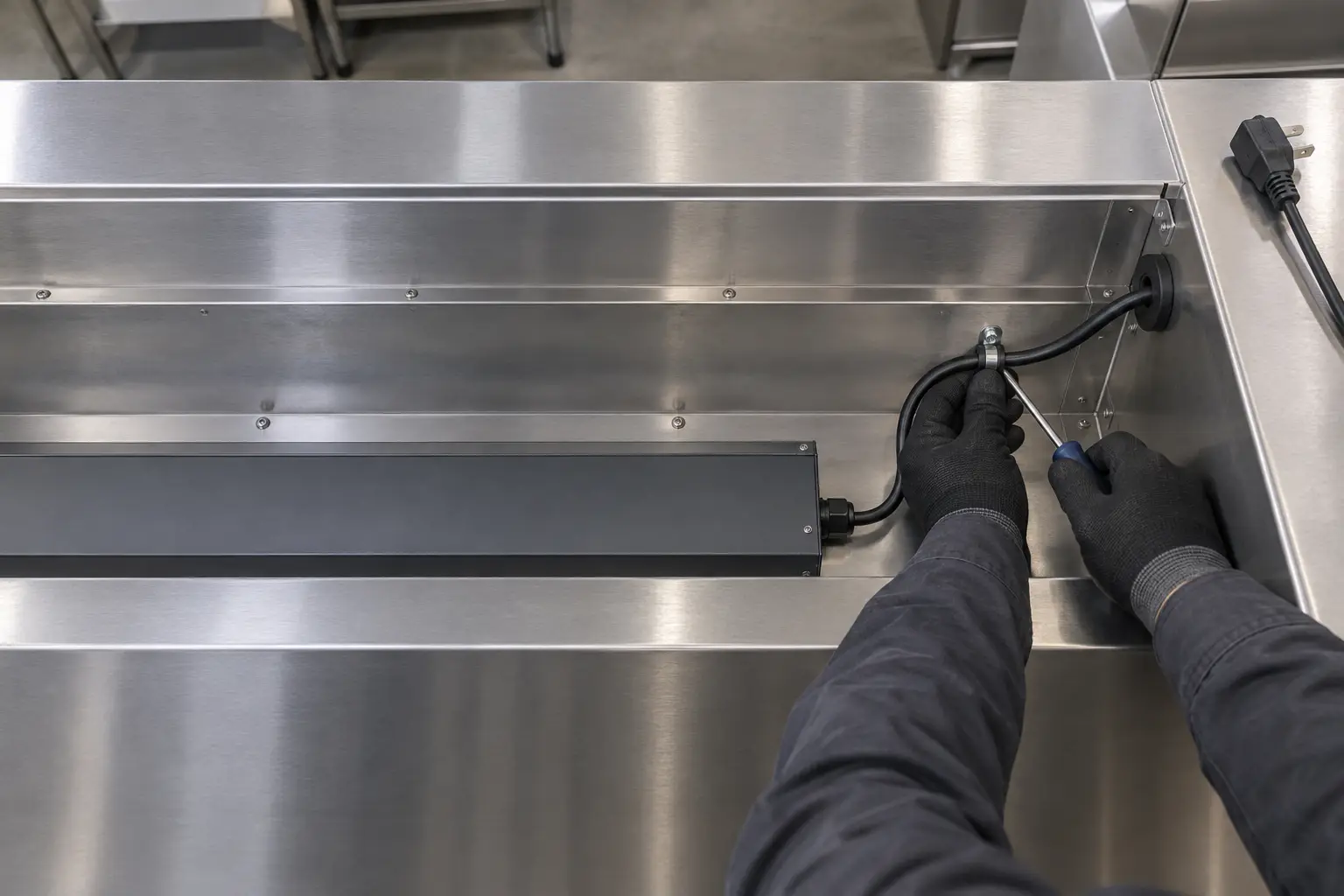 Routing and securing the fixture's factory-fitted power cable inside the canopy service compartment